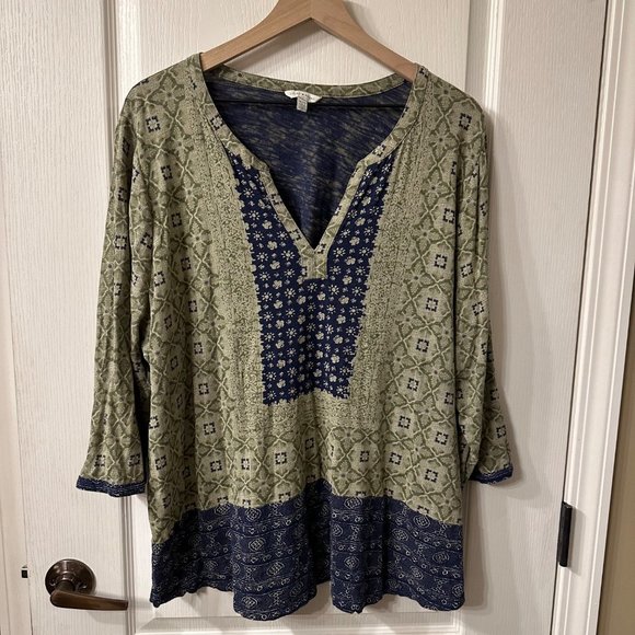 Lucky Brand 3/4 Sleeve Peasant Tunic Top Blouse 3XL Olive Green Blue Lightweight - Picture 1 of 8